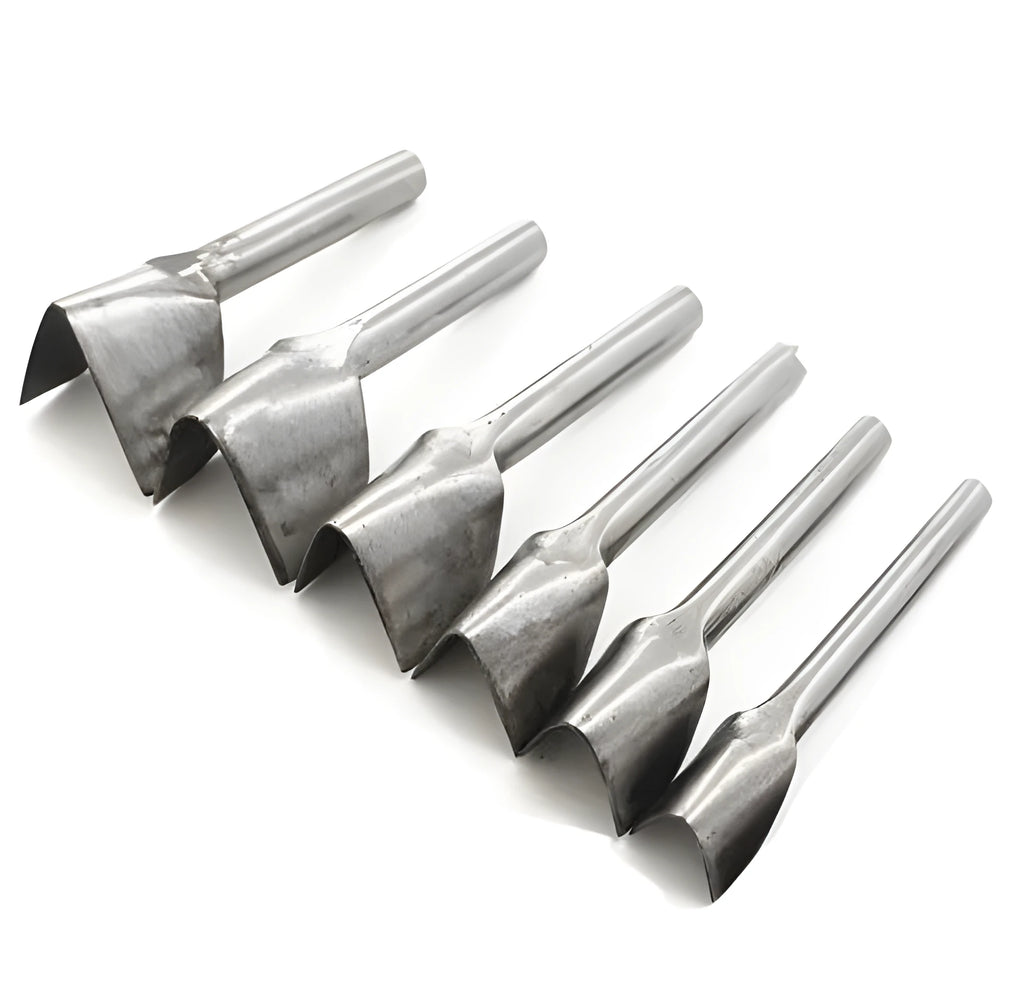 Set of six steel punch tools in half-round and V shapes, sizes 15mm to 40mm, for leathercraft and DIY.