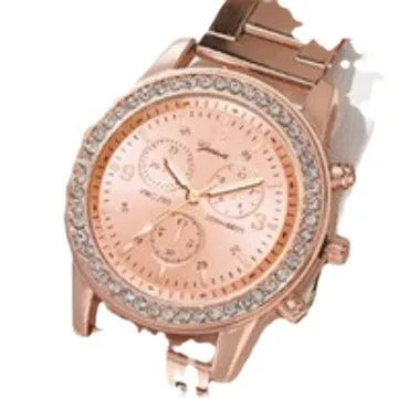 Women's three-eye quartz diamond-embedded watch with rose gold alloy strap