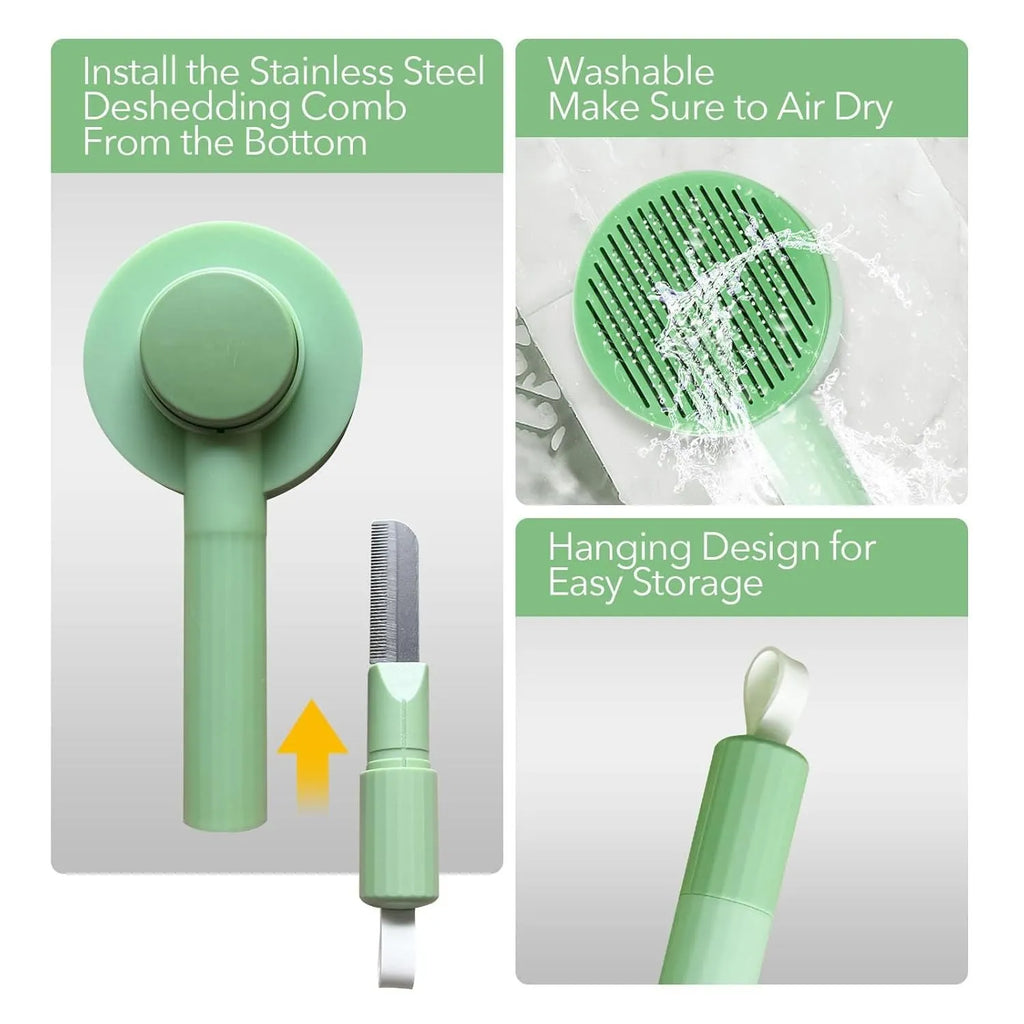 Green pet grooming brush with stainless steel teeth and hair removal function for cats and dogs