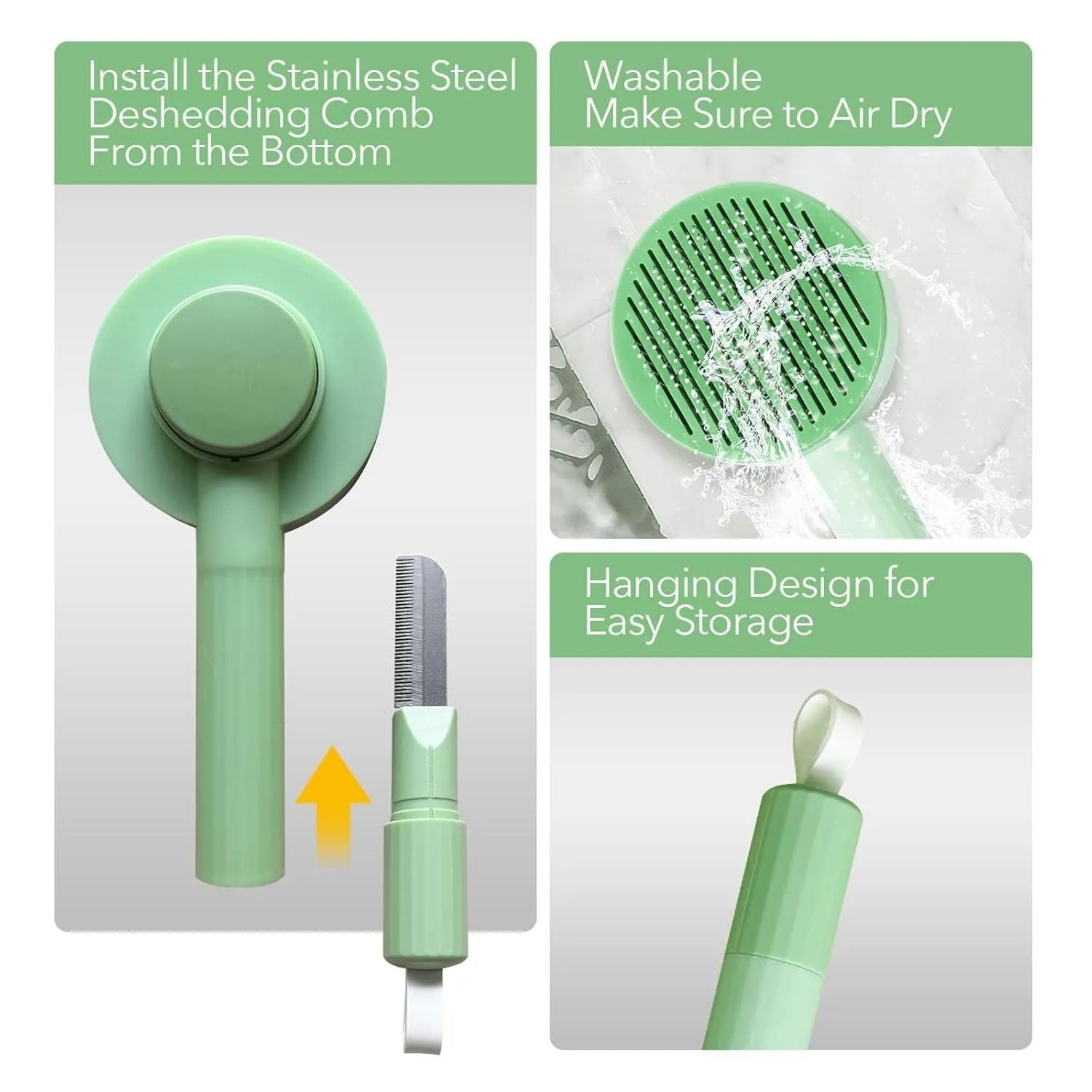 Green pet grooming brush with stainless steel teeth and hair removal function for cats and dogs
