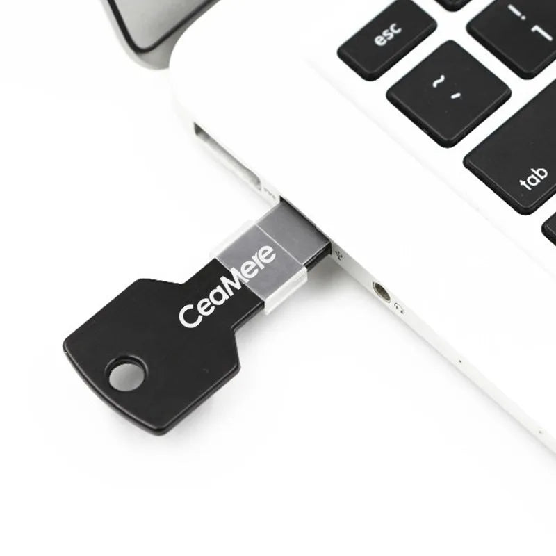Metal key-shaped USB 2.0 flash drive in black, compact design for portable data storage
