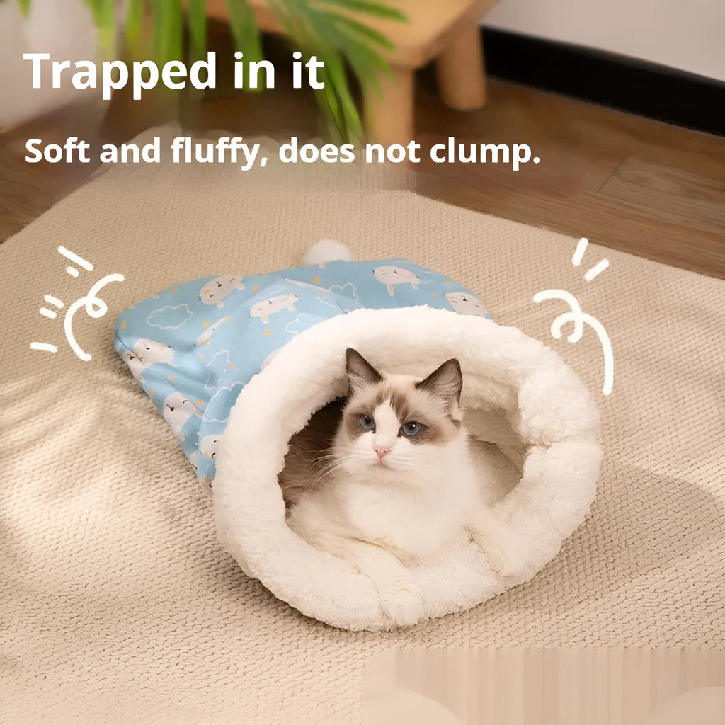 Blue rabbit print flannel cat sleeping bag nest measuring 50 by 40 centimetres.