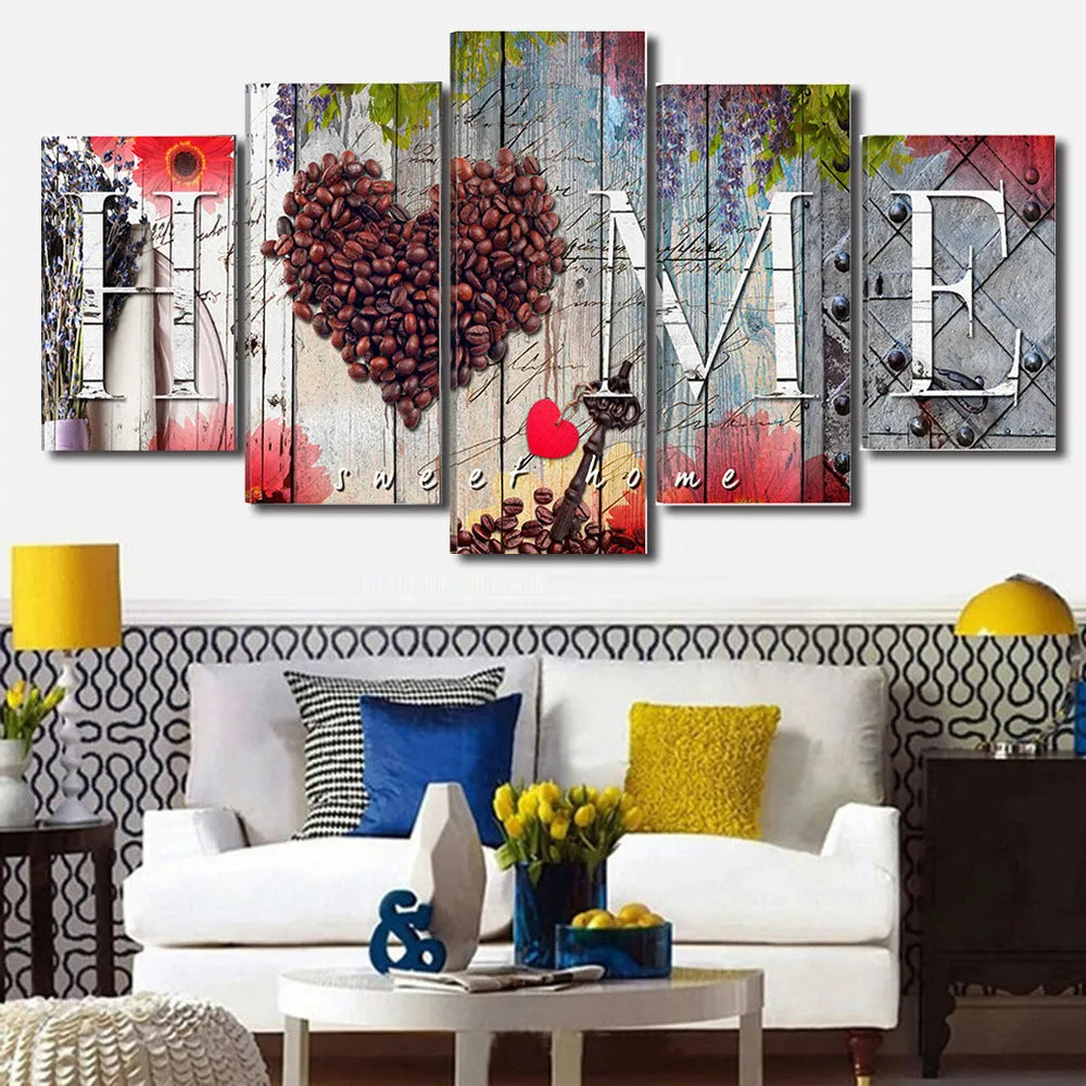 Set of five red oil painting decoration boards in progressive sizes on wall display