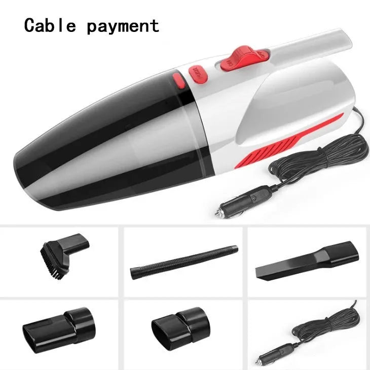 Handheld 120W car vacuum cleaner with brush and long nozzle, black wired model, on car seat