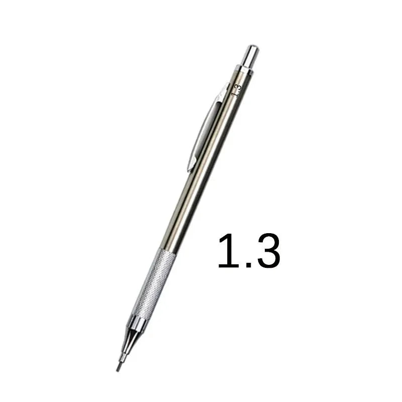 A metal mechanical pencil for drafting and writing with multiple lead size options.
