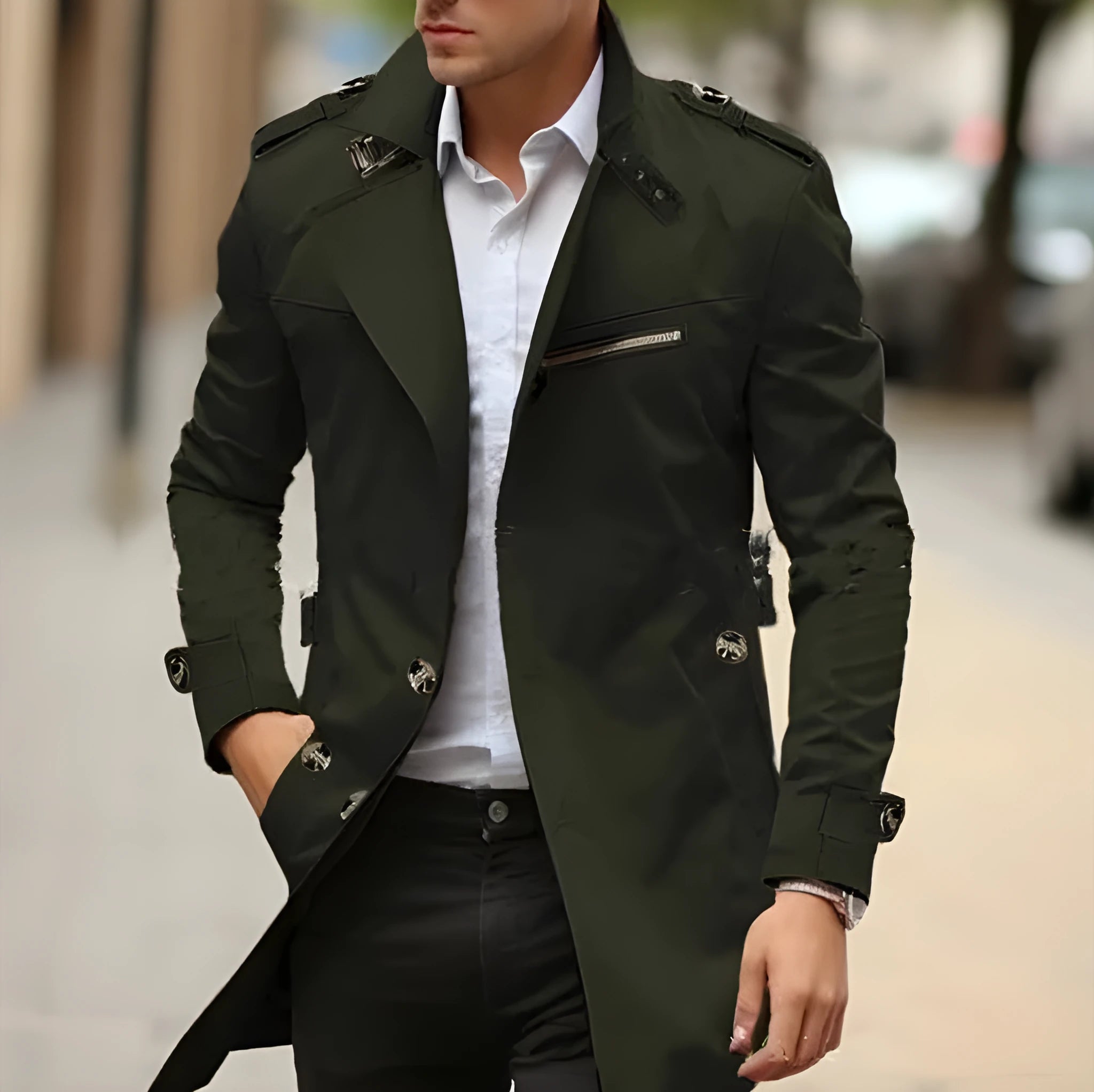 Plus size men's mid-length lapel jacket in army green with side seam pockets.