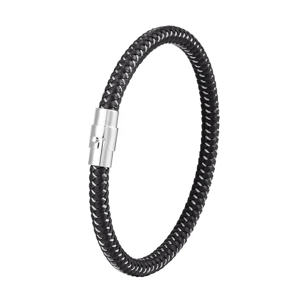 Geometric titanium steel bracelet with a magnetic clasp, shown in a unisex style.