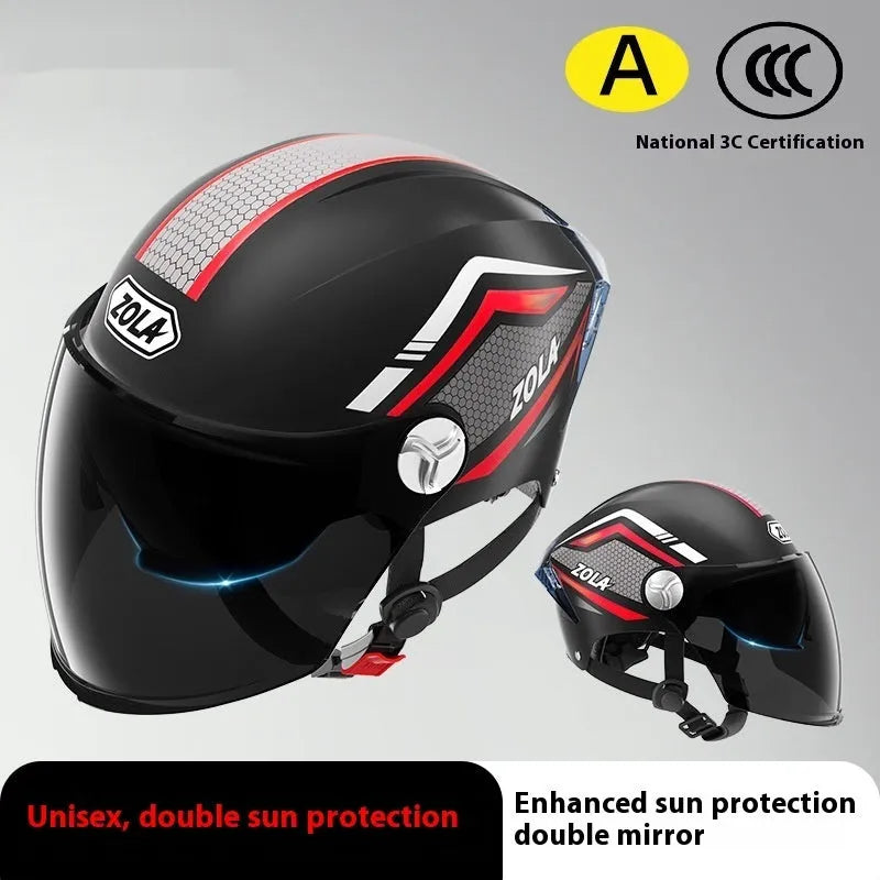 Universal 3C motorcycle half helmet with double mirror visor in light brown colour