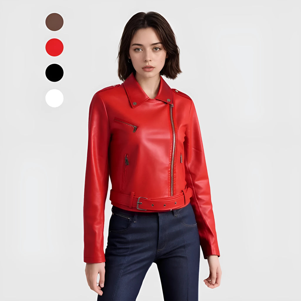 Women's black PU leather motorcycle jacket with short lapel and removable waist belt