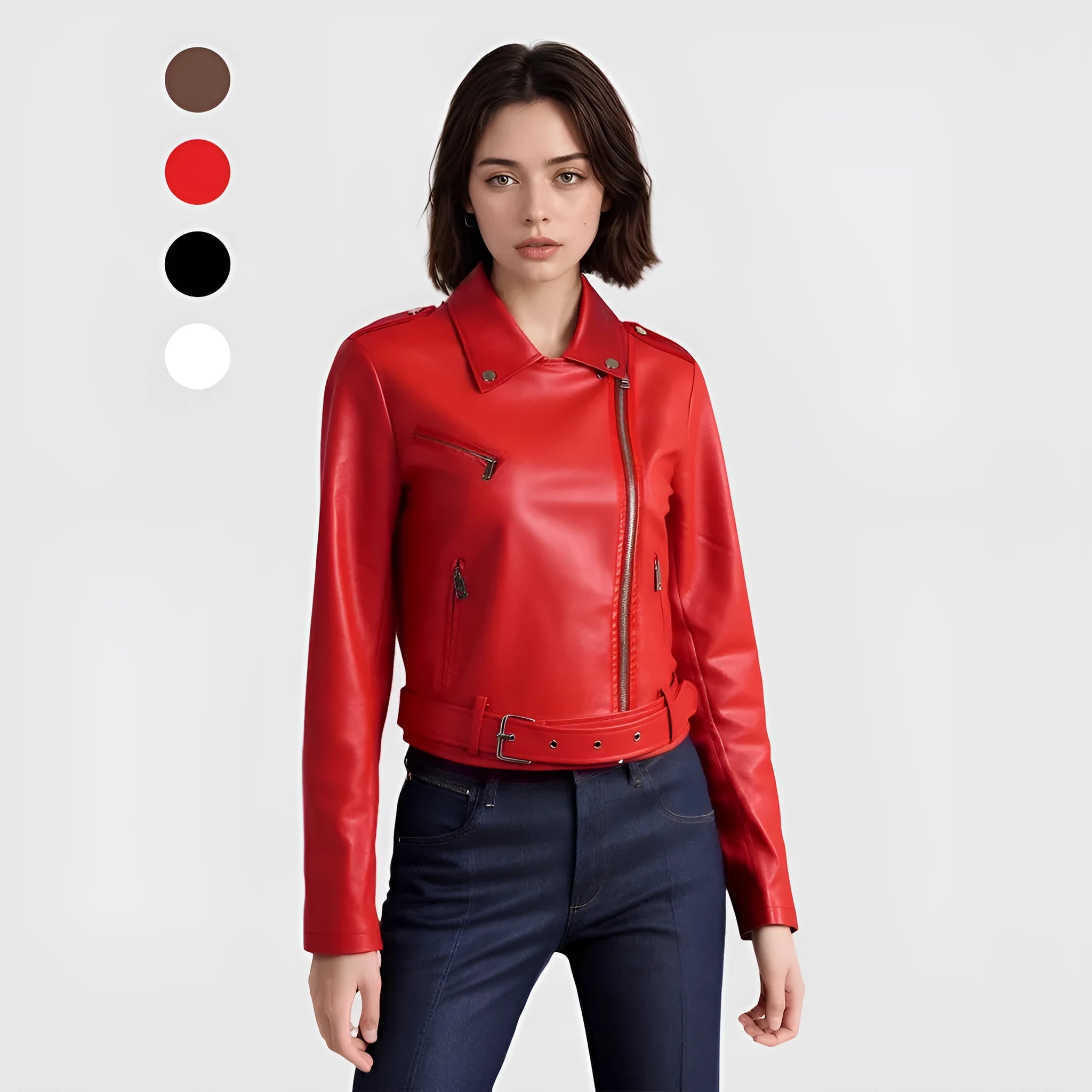 Women's black PU leather motorcycle jacket with short lapel and removable waist belt