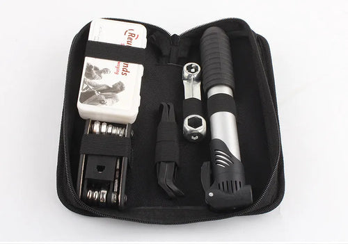 SNJUE AE107 black bicycle repair tool kit with chrome plated socket wrenches, screwdrivers, and tyre repair supplies arranged in case