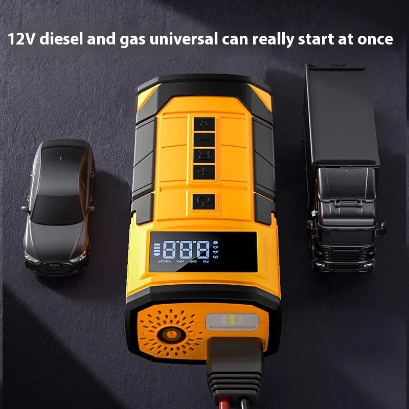 Black and yellow car jump starter with SOS light and Type-C charging cable