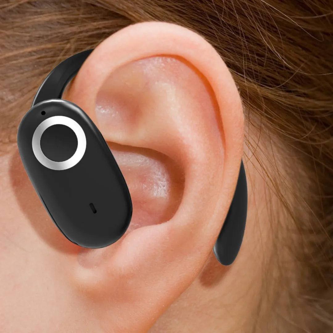 Simple Home rotating wireless Bluetooth headset in black with digital display screen, ear-mounted style