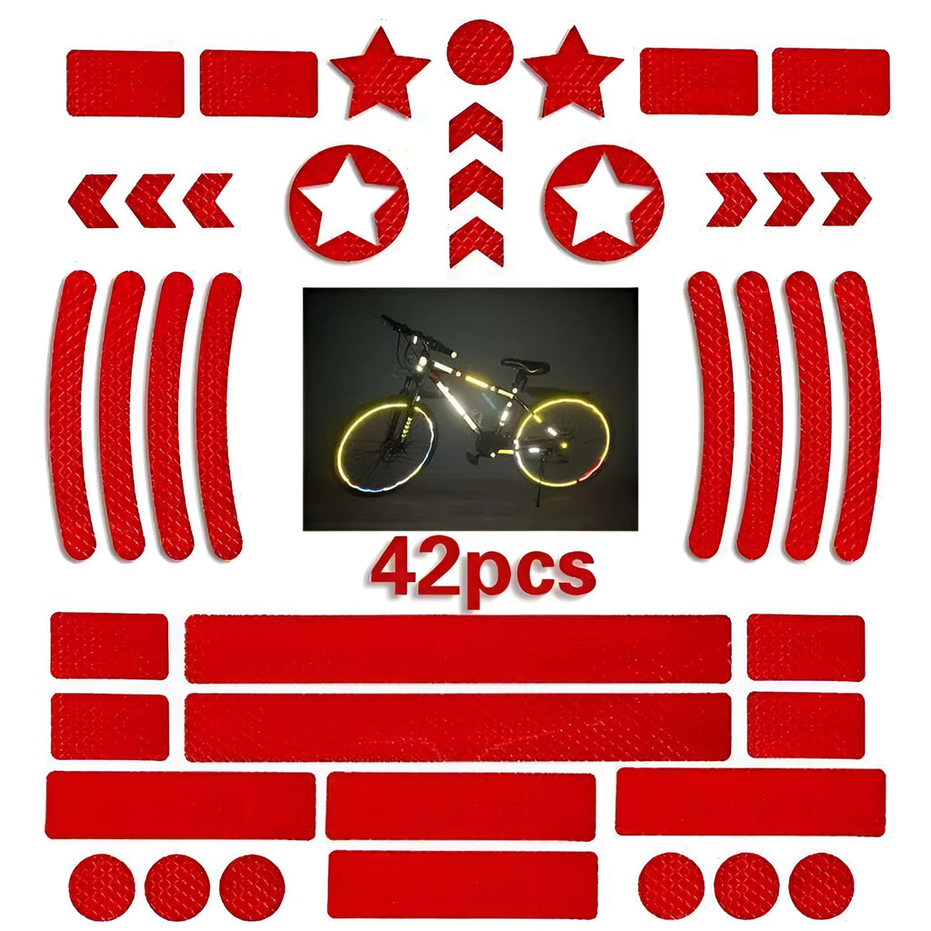 Reflective bicycle safety tape with a geometric grid pattern, shown in red, yellow, blue, and white colours.