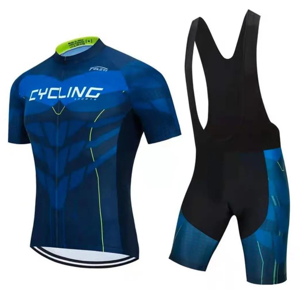 Men's and women's cycling jersey set with top and trousers for mountain and road biking in summer.