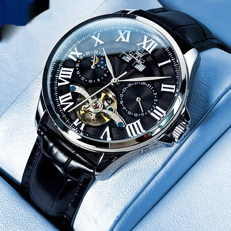Automatic mechanical watch for men with double calendar display and slim 11mm case on steel strap
