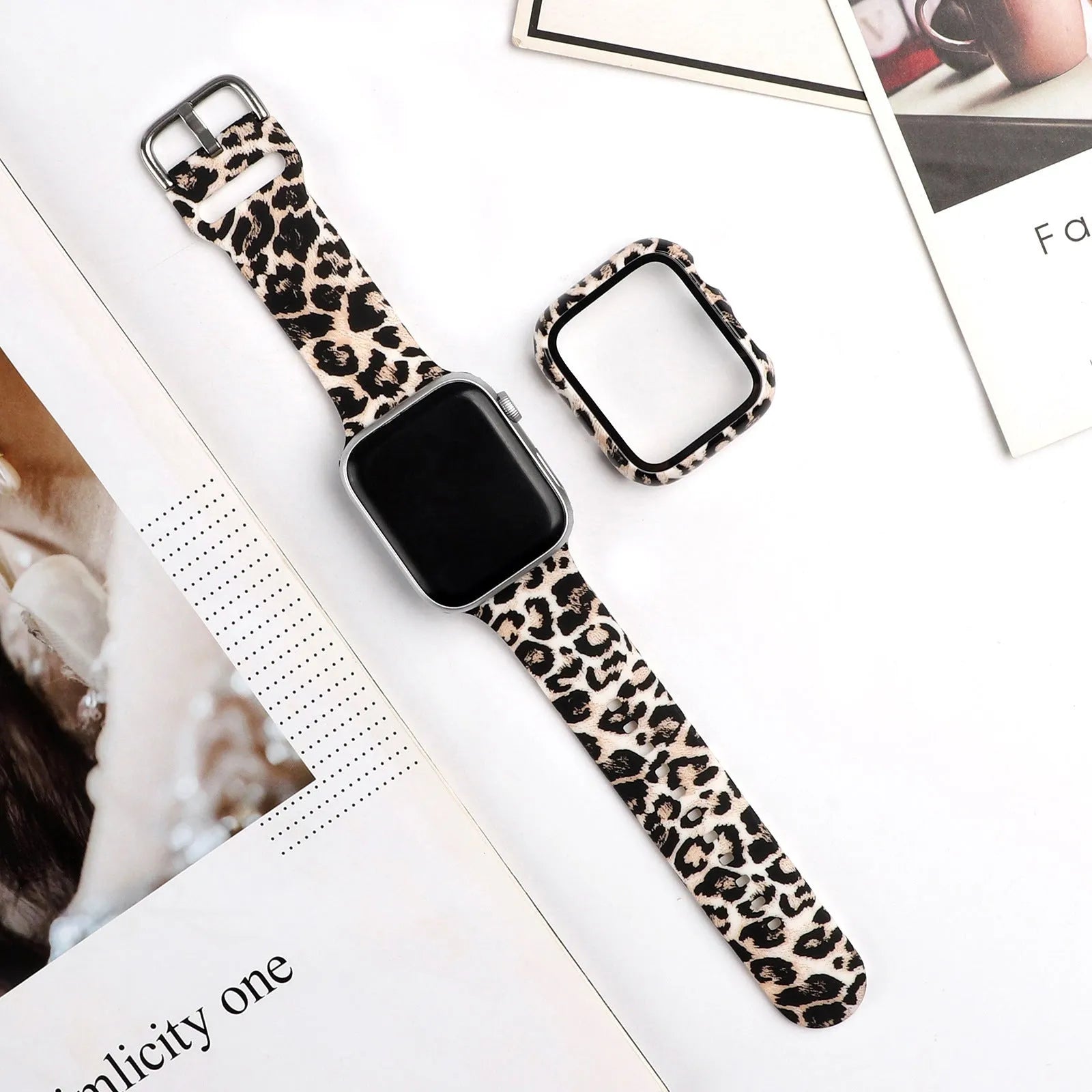 Printed silicone strap for Apple Watch showing design options and size variations
