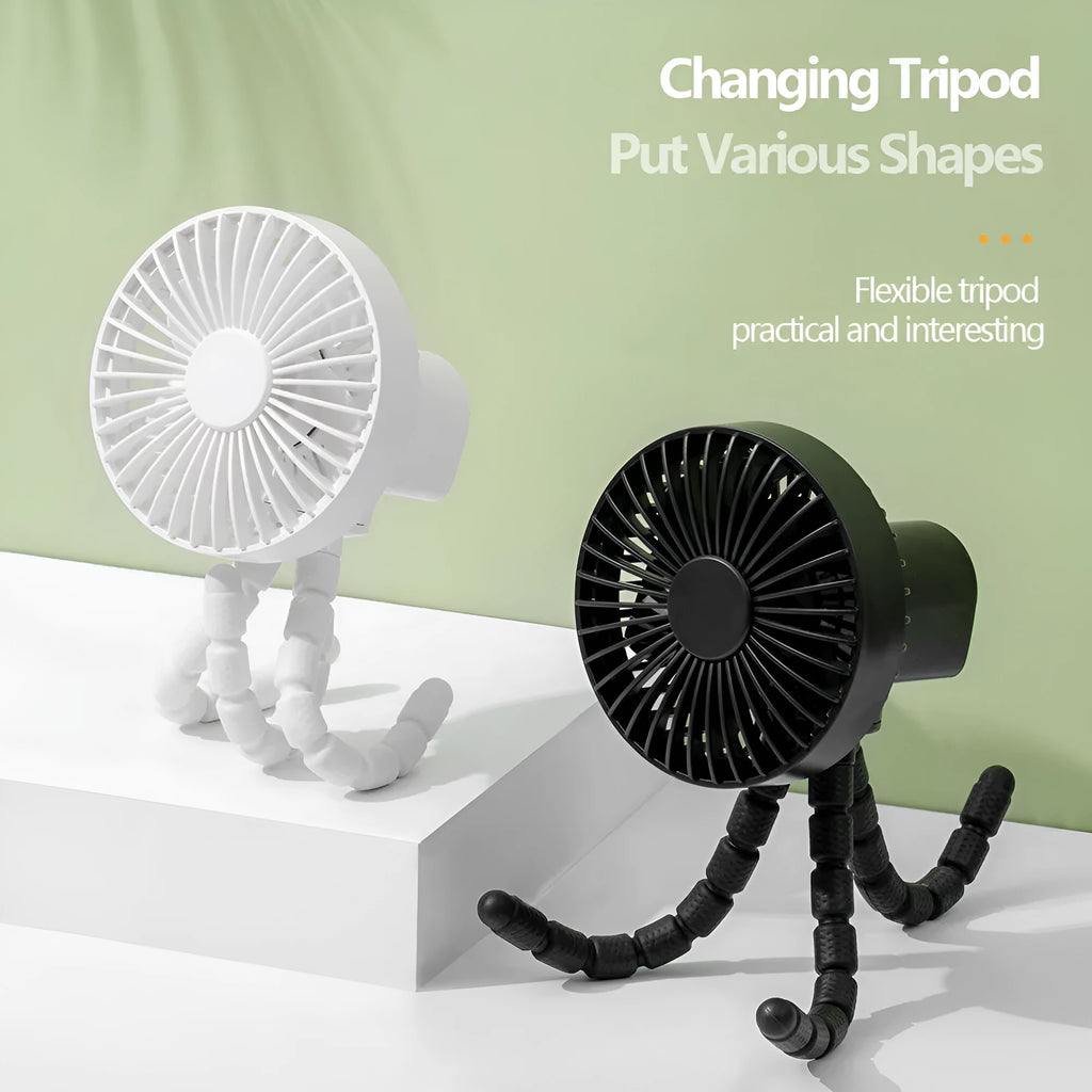 USB rechargeable portable desk fan with adjustable octopus tripod in black, green, pink, or white.