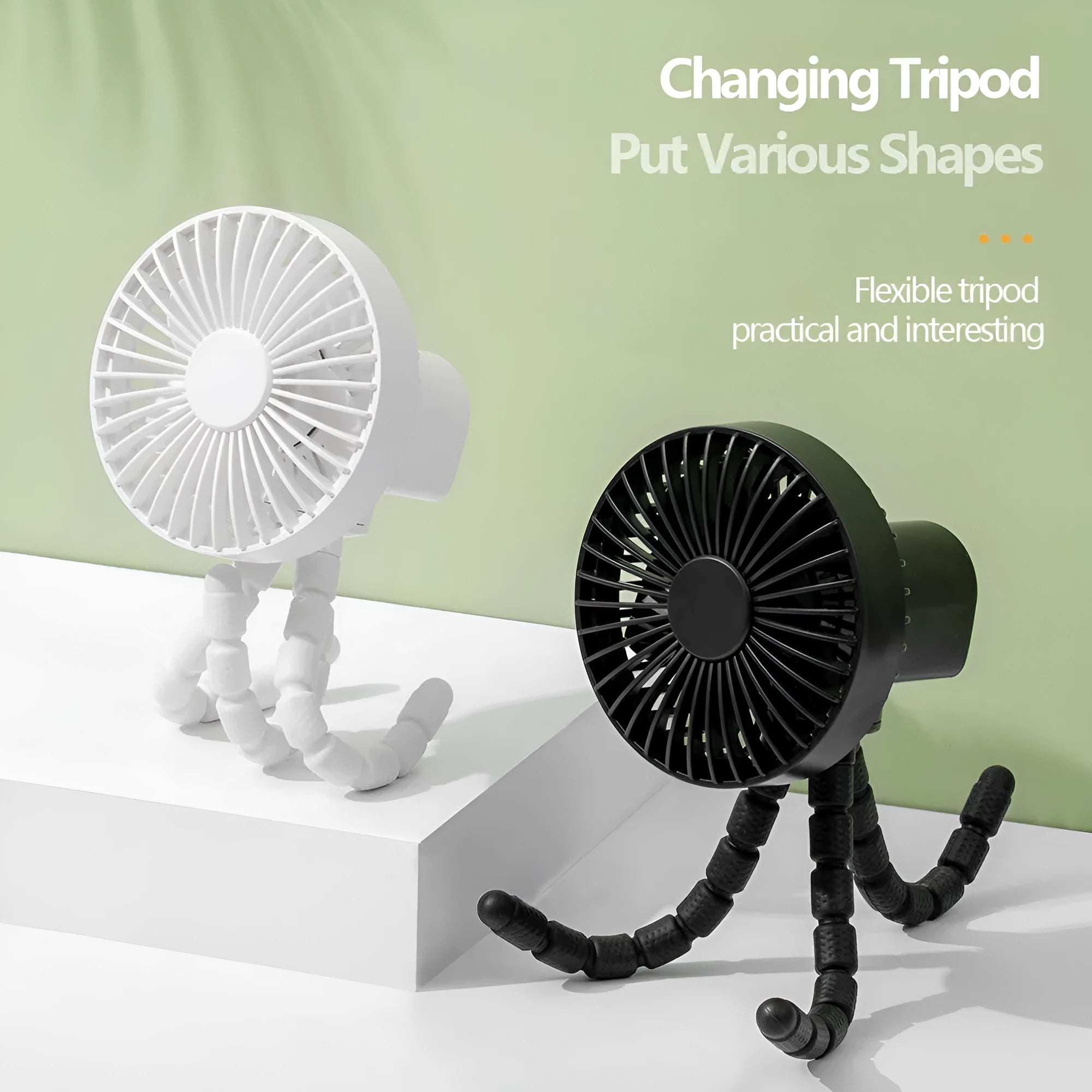 USB rechargeable portable desk fan with adjustable octopus tripod in black, green, pink, or white.