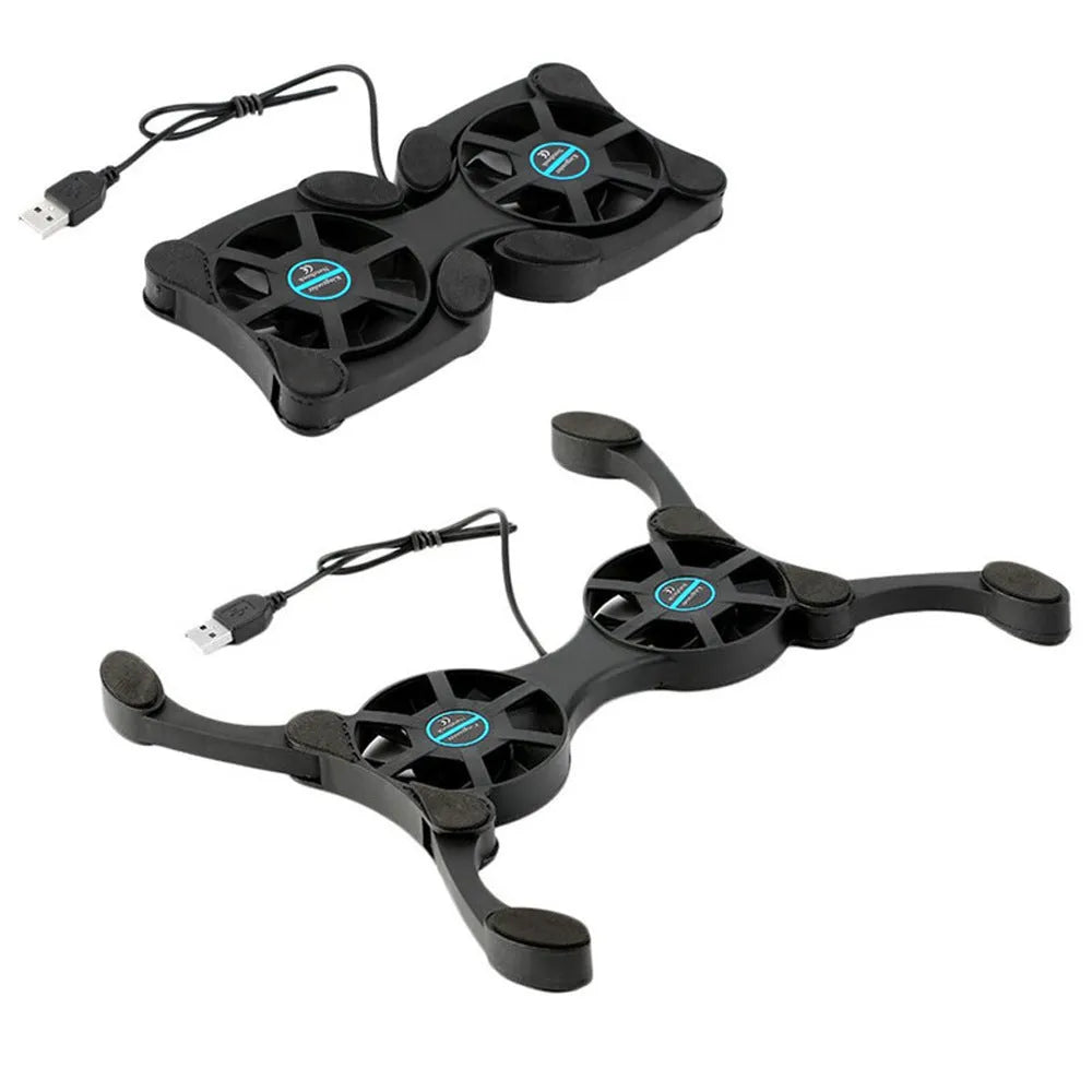 Portable folding black laptop cooling pad with two 70mm fans and USB cable on a desk