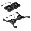 Portable folding black laptop cooling pad with two 70mm fans and USB cable on a desk