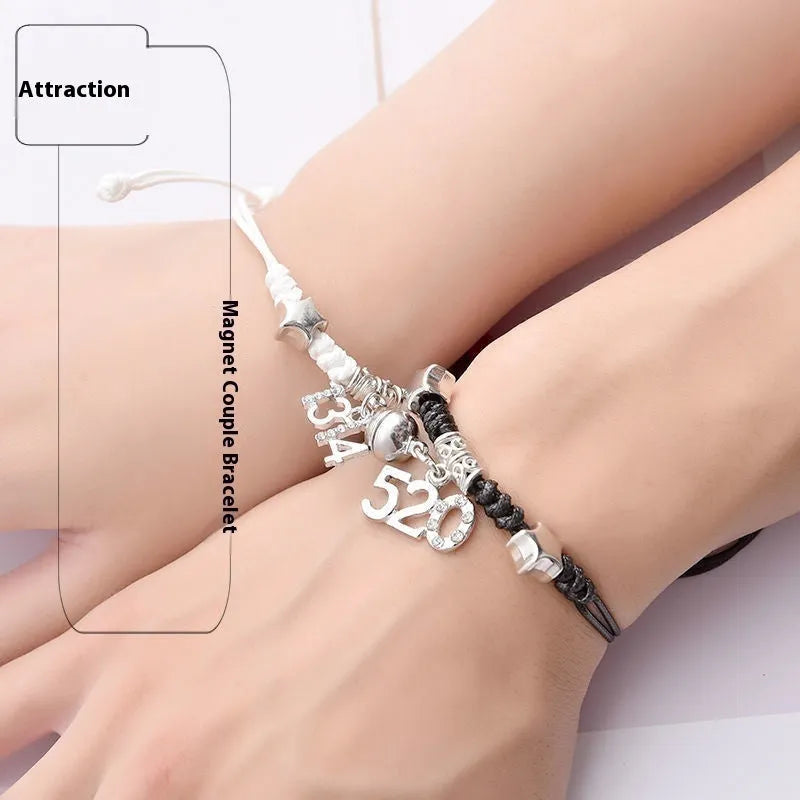 Magnetic clasp couple bracelets with alloy construction and symbolic designs including crown and love lock motifs.