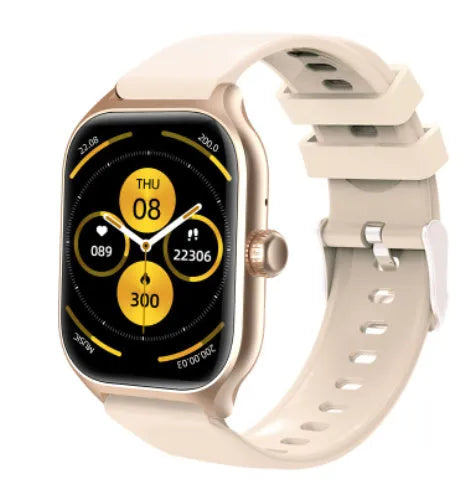 Bluetooth smart watch with touch screen display showing health metrics and call function