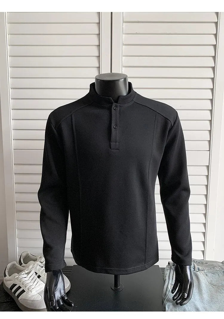 Men's grey asymmetrical stand-up collar cotton polo shirt with patchwork shoulder detail.