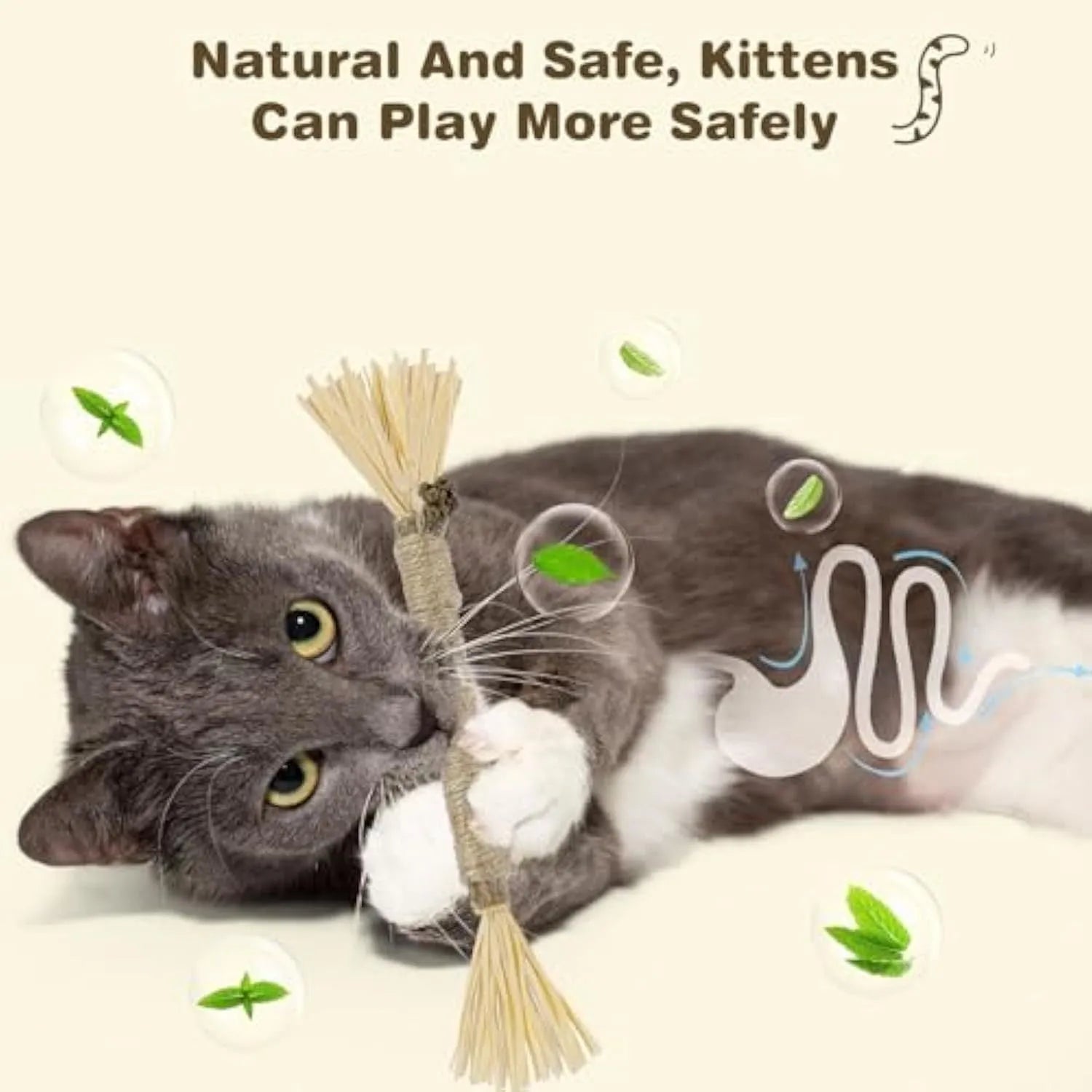 Three natural silvervine chew sticks for cats on a wooden surface, showing thick and fine diameter options