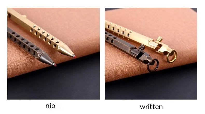 Brass hexagonal retro rollerball pen with 6-angle barrel design and 0.5mm writing tip
