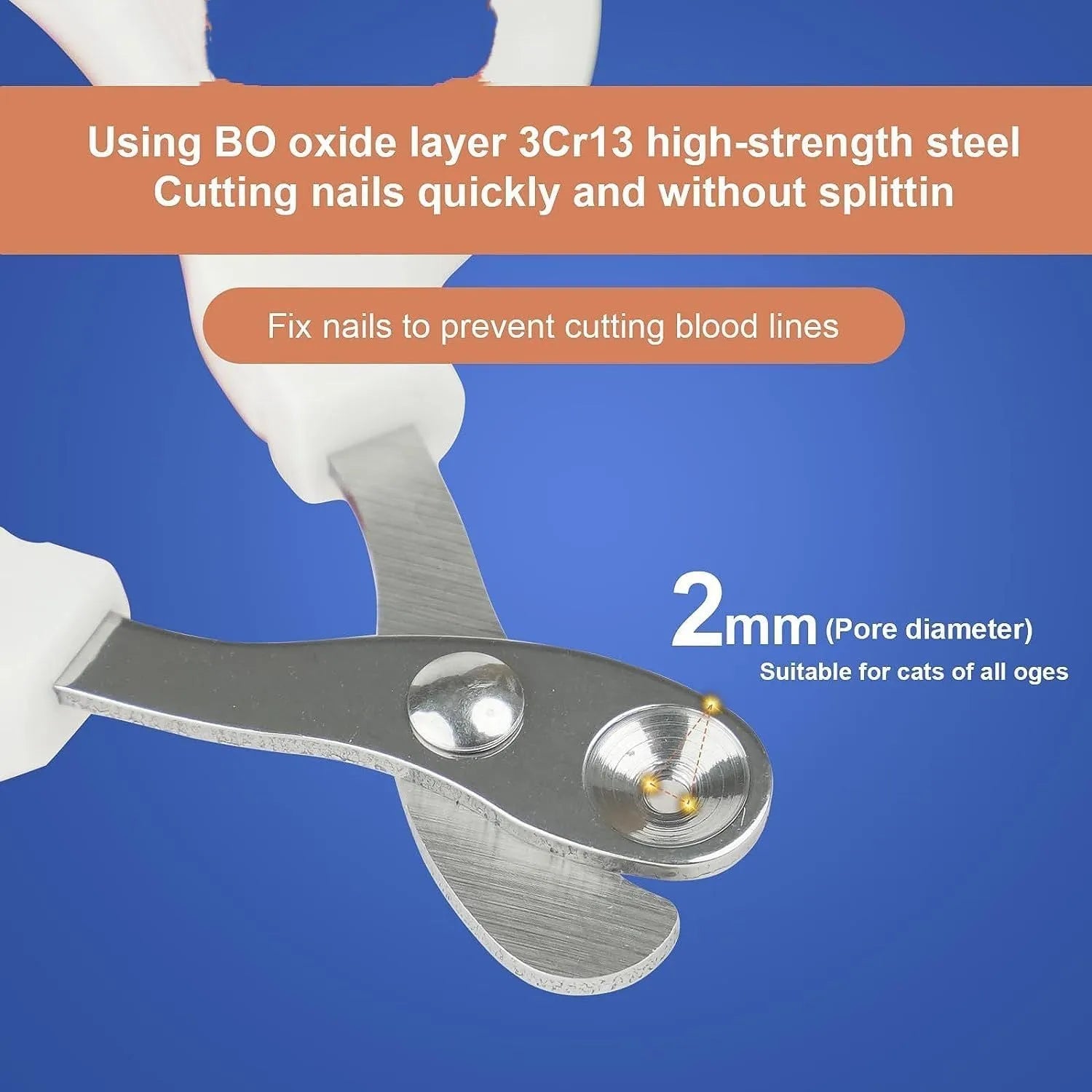 Blue professional cat nail clippers with circular safety hole and cushioned non-slip handles.