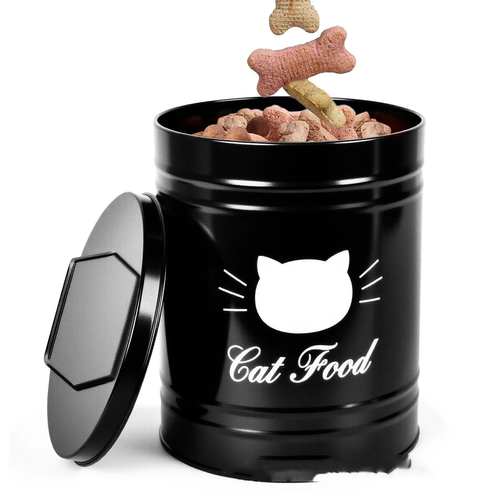 Round black metal storage tin with fitted lid showing moisture-proof seal for pantry organisation