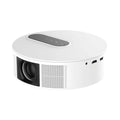 White HD 720p home theatre projector with remote control on a table.