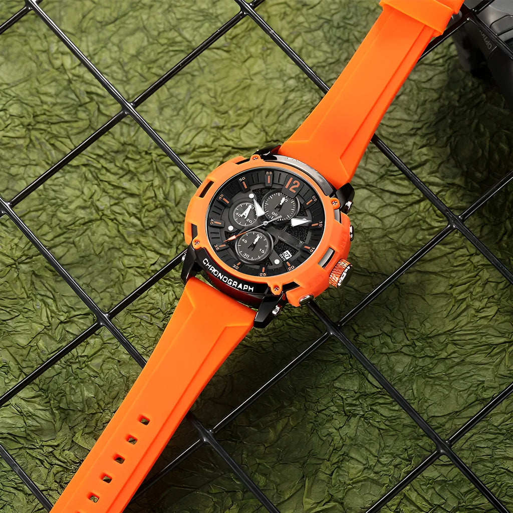 Men's waterproof quartz watch with luminous display and calendar functions on wrist