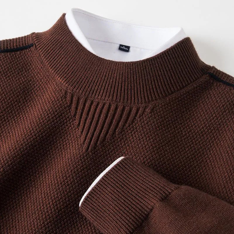 Men's knitted half-turtleneck pullover with inverted triangle jacquard pattern in black, rabbit hair and modal blend