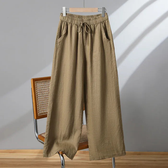 Women's straight-leg casual trousers with drawstring waist in polyester fabric