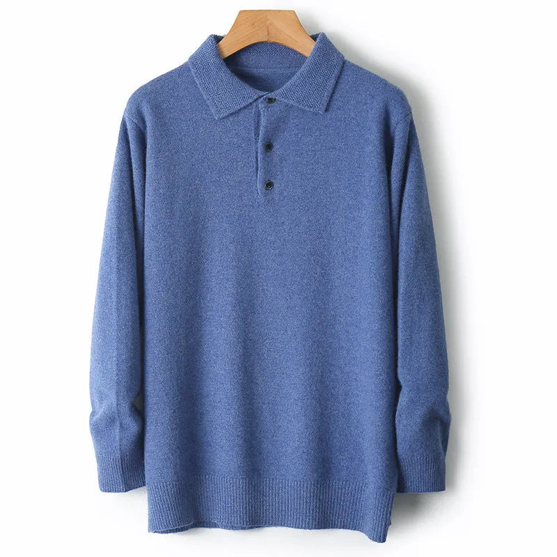 Men's wool polo collar pullover sweater in multiple colours with long sleeves and collage stitching detail.
