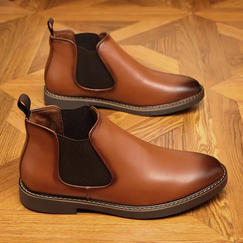 Men's black formal leather pointed-toe boots with square heel on neutral background