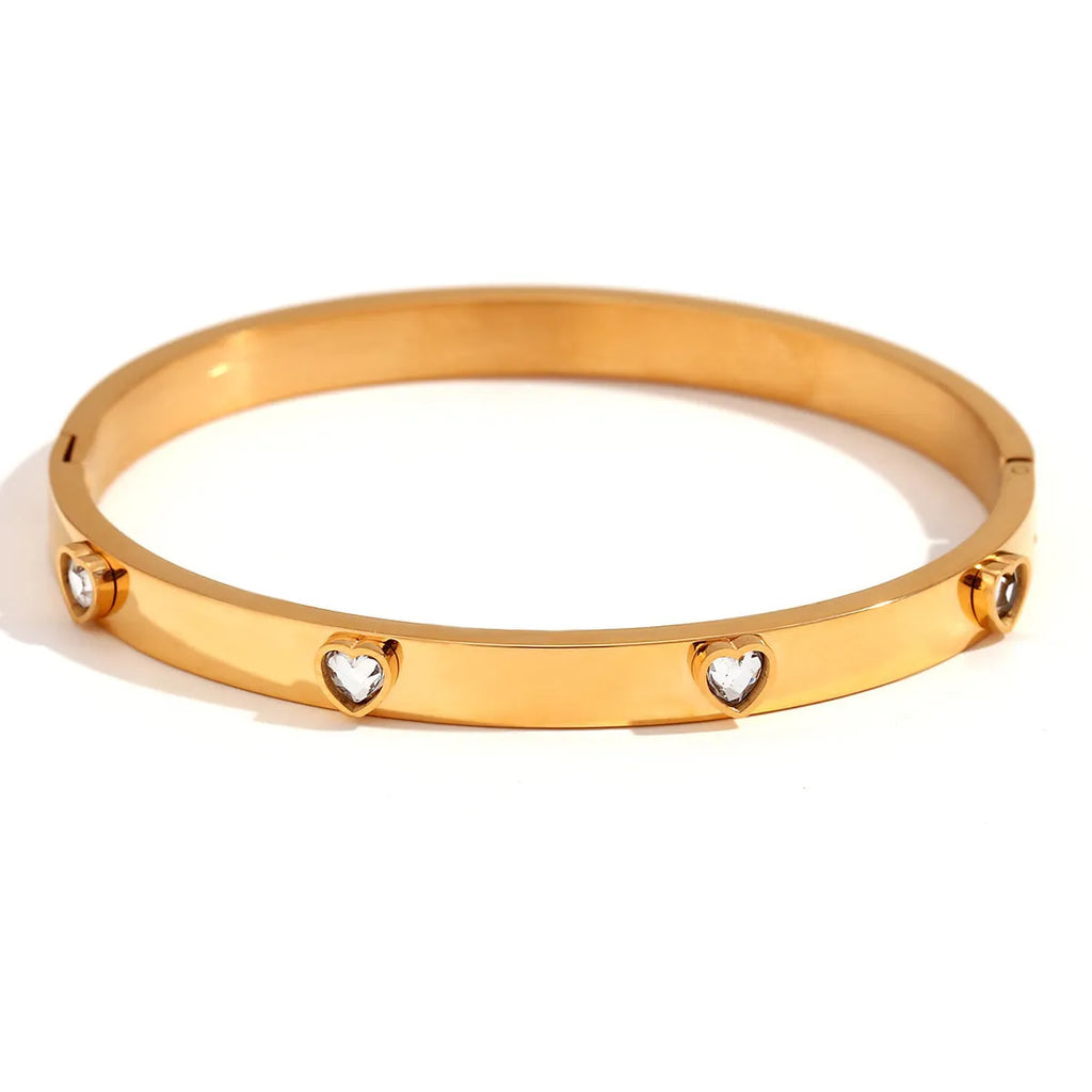 Stainless steel micro-inlaid peach heart bracelet with electroplated golden finish for women