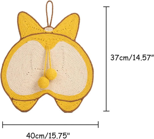 Yellow corgi butt design cat scratching pad with natural sisal surface on anti-slip base