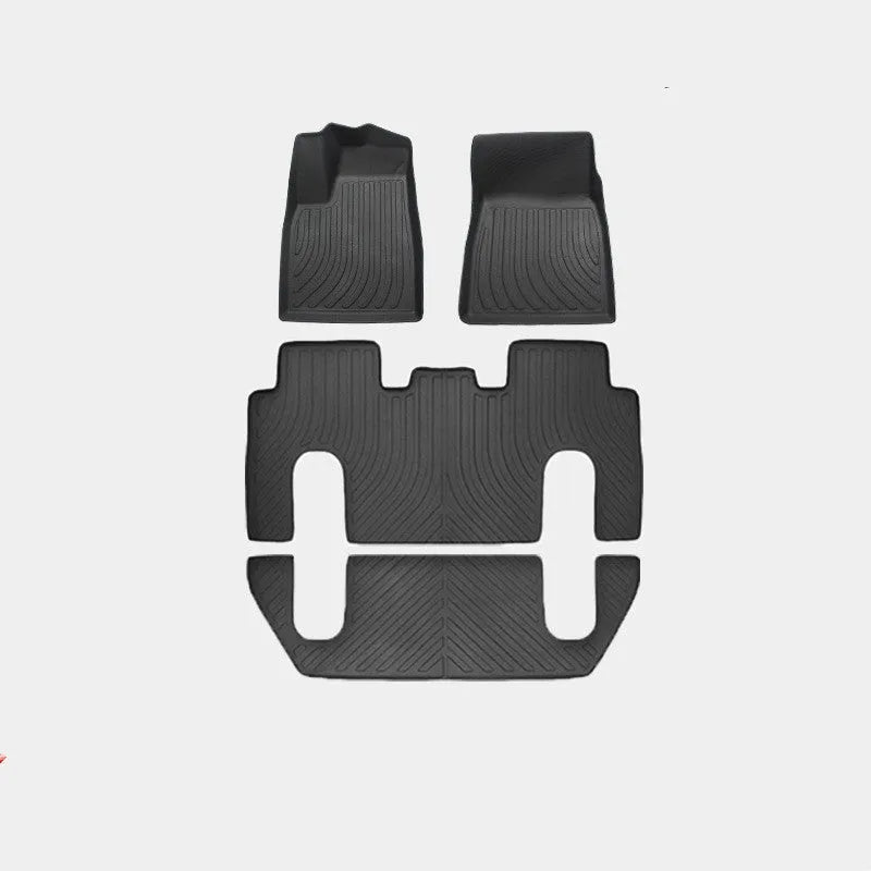 Tesla Model X waterproof TPE rubber floor mats showing left and right rudder design for vehicle-specific fitment