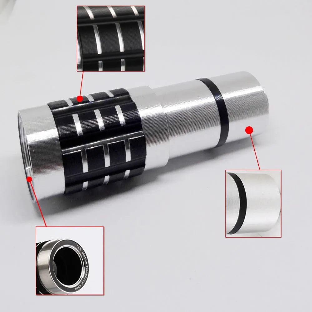 Universal 12X telescopic lens with clip for smartphone attachment