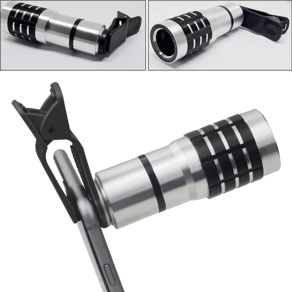Universal 12X telescopic lens with clip for smartphone attachment