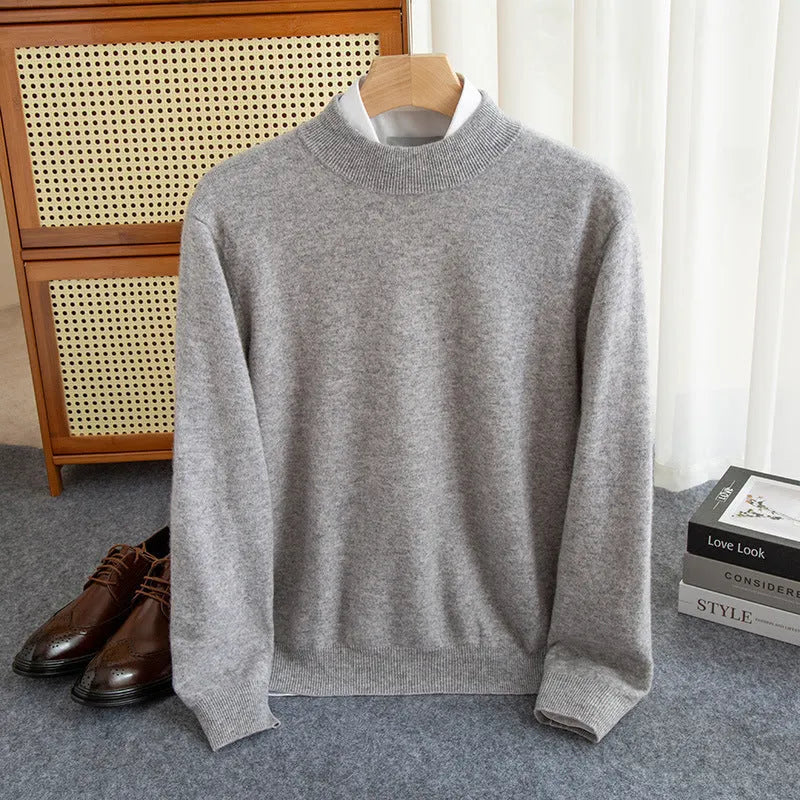 Men's half-collar loose-fit wool sweater in a light business style, shown in a range of colours.