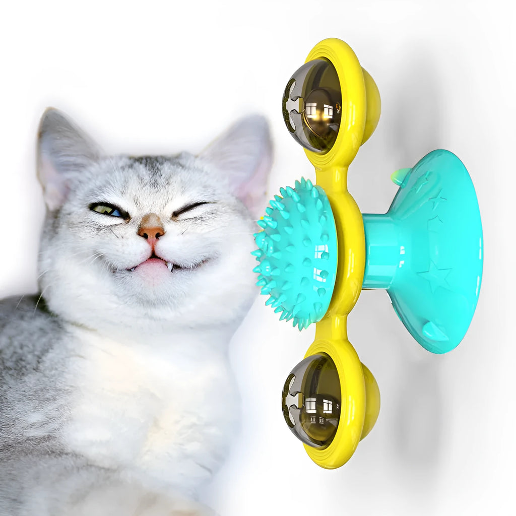 Cat rotating windmill toy with suction base on floor, two transparent bins, luminous ball, teeth grinding function, blue yellow green colour