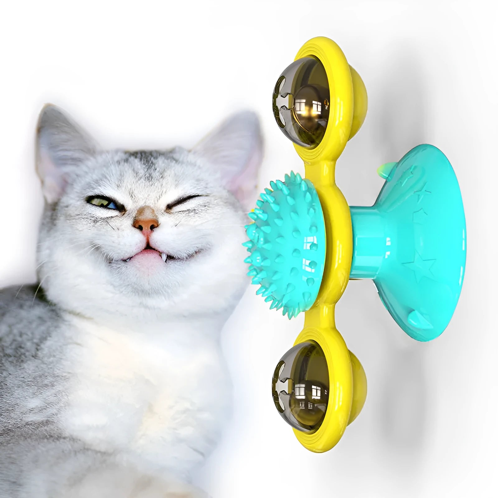 Cat rotating windmill toy with suction base on floor, two transparent bins, luminous ball, teeth grinding function, blue yellow green colour