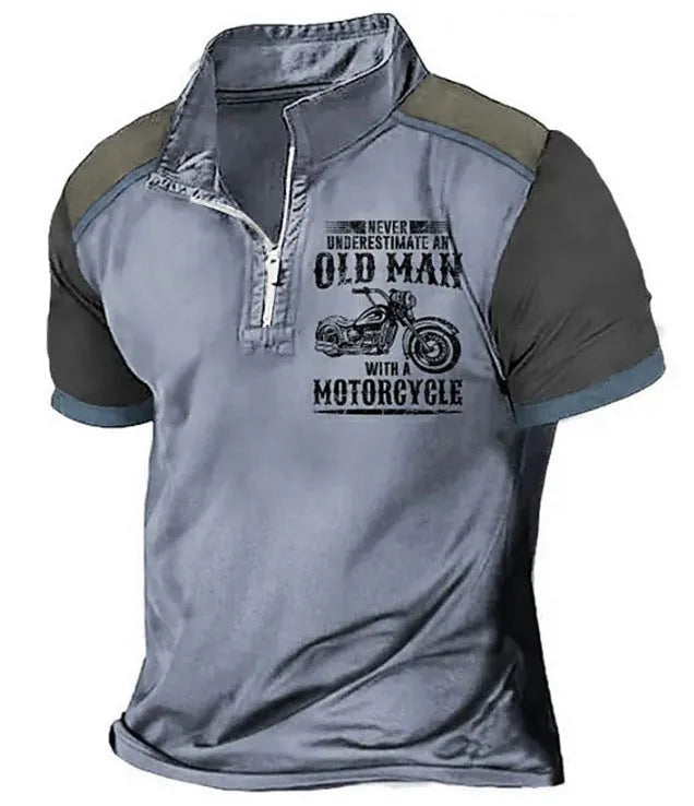 Men's casual polo shirt with lapel, zip decorations, and digital letter print in various colours.