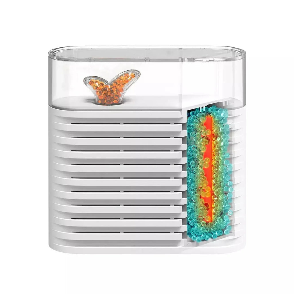 White reusable electric dehumidifier box with transparent top showing colour-changing silica gel crystals.
