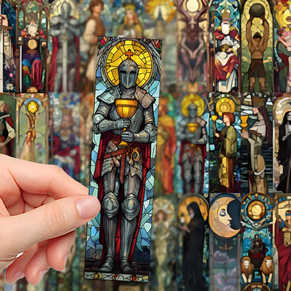30 painted glass tarot paper bookmarks laid out showing different designs