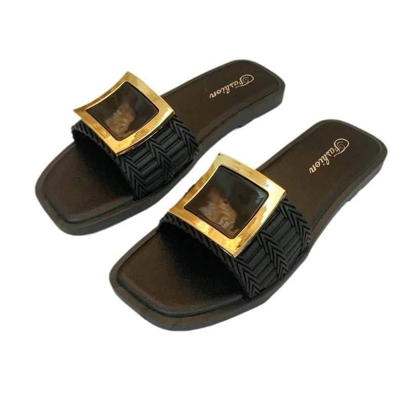 Women's flat summer slippers in apricot, black, or khaki with lightweight PVC soles.